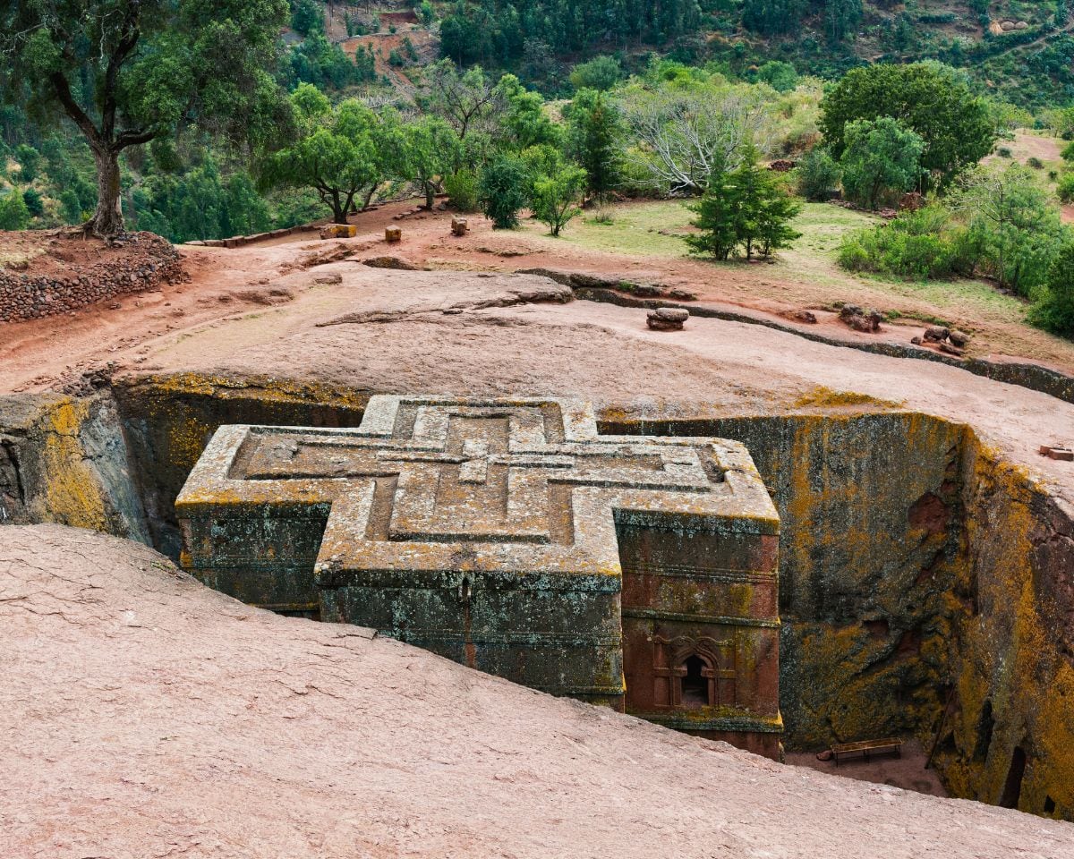 The cross of Bet Giyorgis seen from the rock above, Lalibela