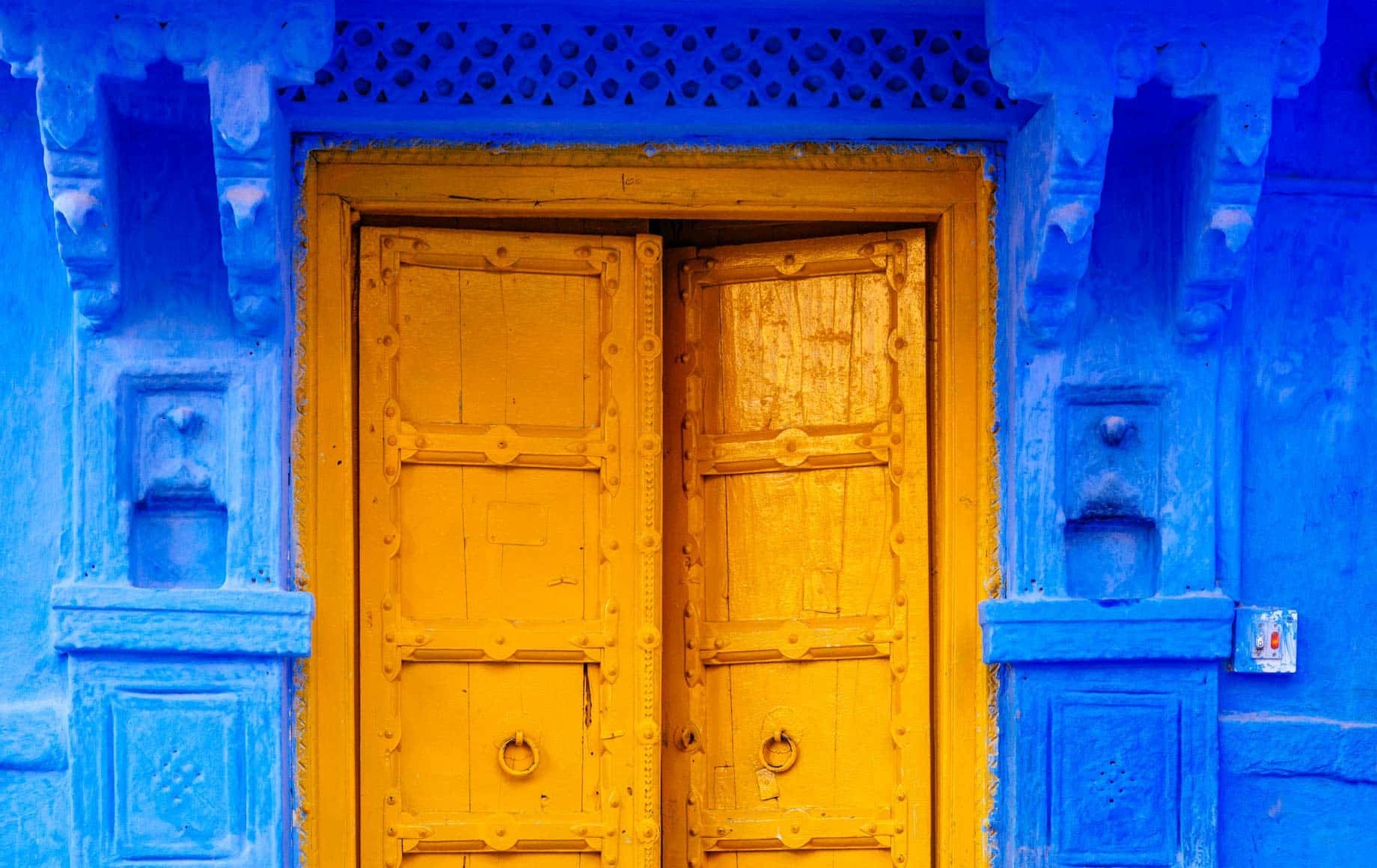 A yellow door in a blue wall, Jodhpur